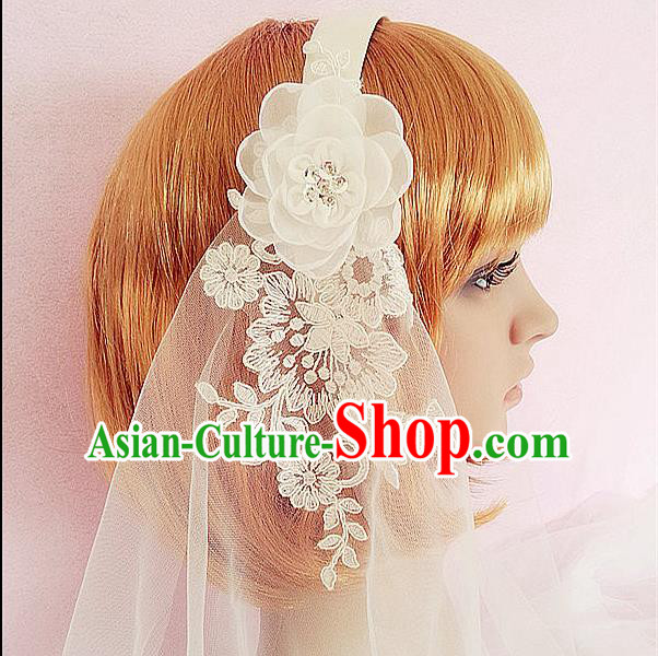 Chinese Wedding Jewelry Accessories, Traditional Bride Headwear, Wedding Tiaras, Imperial Bridal Baroco Style Wedding Lace Long Veil Hair Clasp