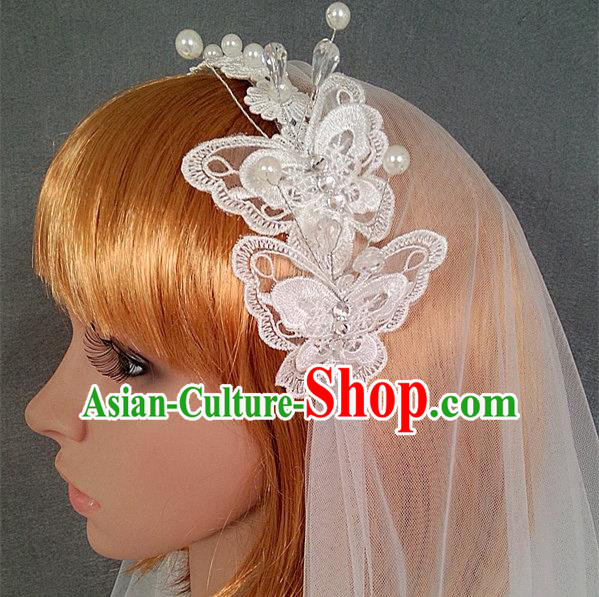 Chinese Wedding Jewelry Accessories, Traditional Bride Headwear, Wedding Tiaras, bridal Wedding Lace Bowknot Veil