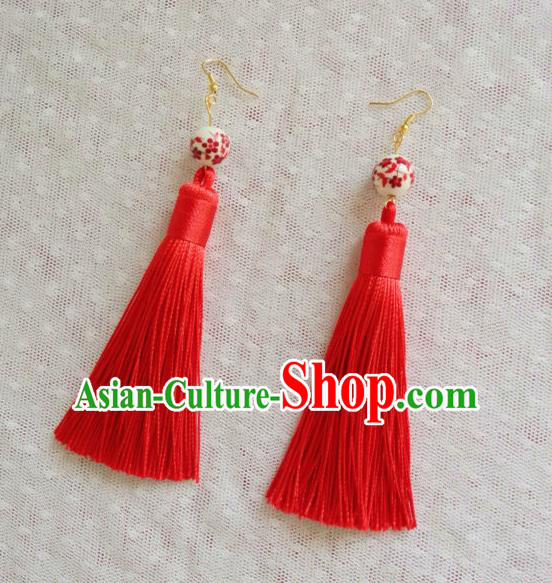 Chinese Wedding Jewelry Accessories, Traditional Xiuhe Suits Wedding Bride Earrings, Ancient Chinese Red Tassel Earrings