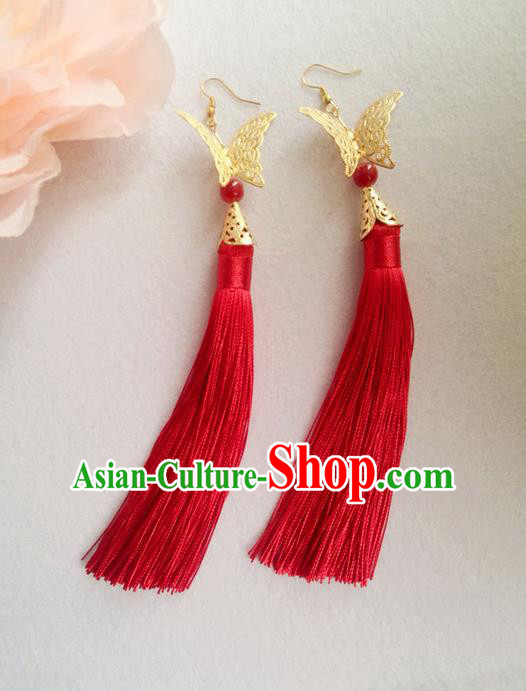 Chinese Wedding Jewelry Accessories, Traditional Xiuhe Suits Wedding Bride Earrings, Ancient Chinese Red Tassel Butterfly Earrings