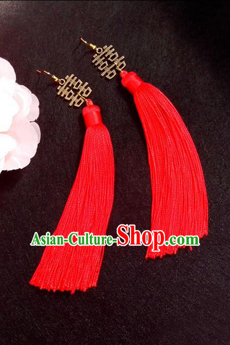Chinese Wedding Jewelry Accessories, Traditional Xiuhe Suits Wedding Bride Earrings, Ancient Chinese Red Tassel Flowers Earrings