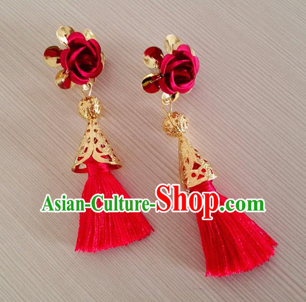 Chinese Wedding Jewelry Accessories, Traditional Xiuhe Suits Wedding Bride Earrings, Ancient Chinese Red Tassel Earrings