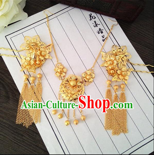 Chinese Wedding Jewelry Accessories, Traditional Xiuhe Suits Wedding Bride Headwear, Wedding Tiaras, Ancient Chinese Tassel Harpins, Bridal Hair Accessory