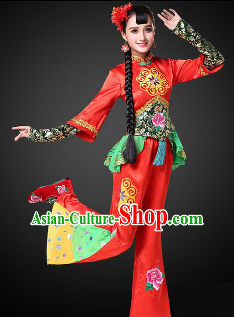 Traditional Chinese Yangge Fan Dancing Costume, Folk Dance Yangko Costume for Women