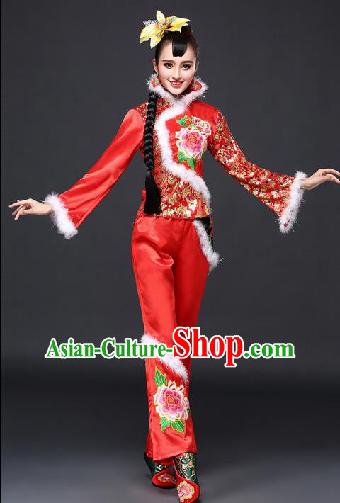 Traditional Chinese Yangge Fan Dancing Costume, Folk Dance Yangko Costume for Women