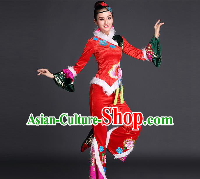 Traditional Chinese Yangge Fan Dancing Costume, Folk Dance Yangko Costume for Women