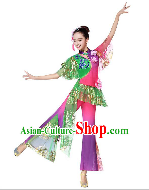 Traditional Chinese Yangge Fan Dancing Costume, Folk Dance Yangko Costume for Women