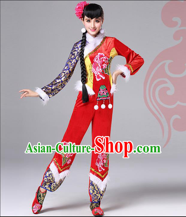 Traditional Chinese Yangge Fan Dancing Costume, Folk Dance Yangko Costume for Women