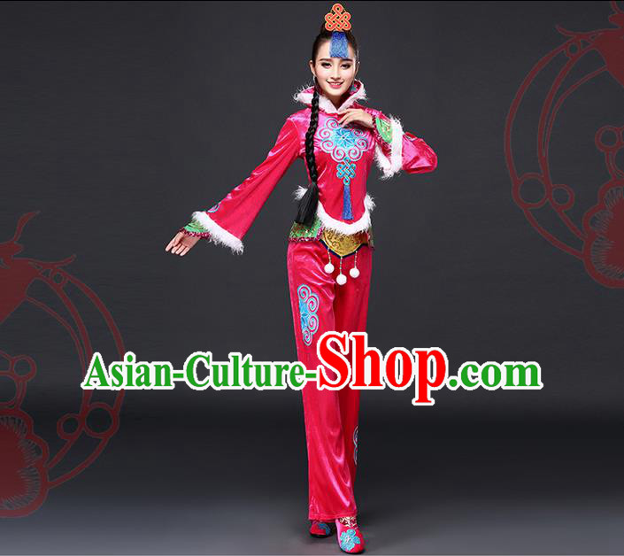 Traditional Chinese Yangge Fan Dancing Costume, Folk Dance Yangko Costume for Women