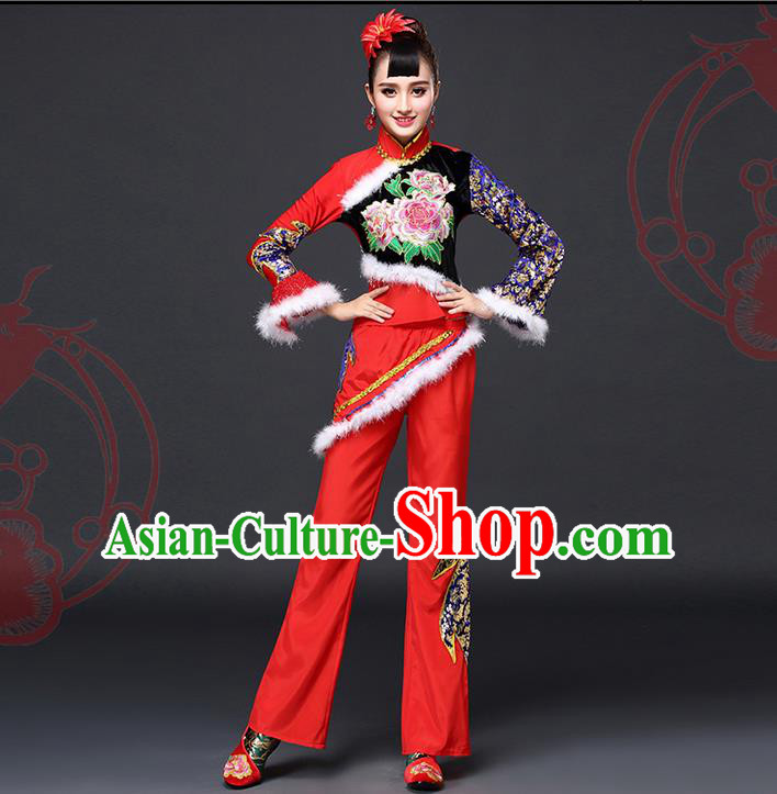 Traditional Chinese Yangge Fan Dancing Costume, Folk Dance Yangko Costume for Women