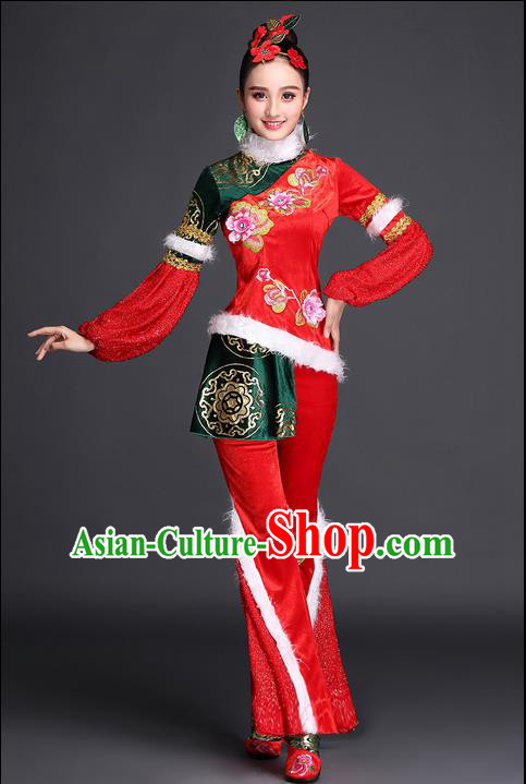 Traditional Chinese Yangge Fan Dancing Costume, Folk Dance Yangko Costume for Women