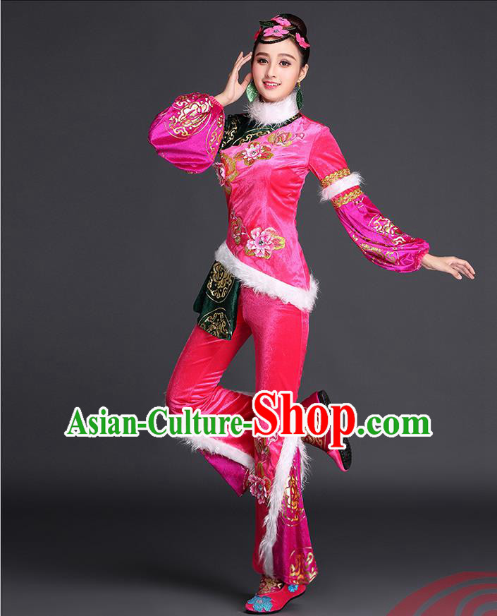 Traditional Chinese Yangge Fan Dancing Costume, Folk Dance Yangko Costume for Women