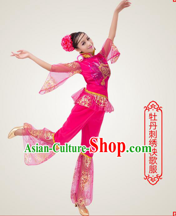 Traditional Chinese Yangge Fan Dancing Costume, Folk Dance Yangko Costume for Women