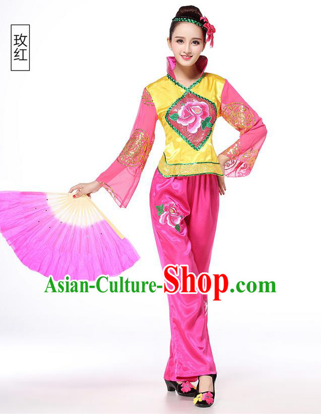 Traditional Chinese Yangge Fan Dancing Costume, Folk Dance Yangko Costume for Women