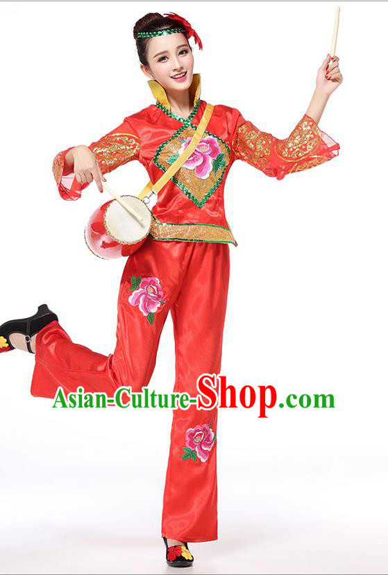 Traditional Chinese Yangge Fan Dancing Costume, Folk Dance Yangko Costume for Women