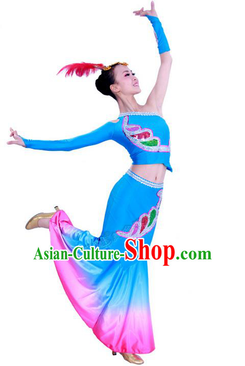 Traditional Chinese Dai nationality Peacock Dancing Costume, Folk Dance Ethnic Costume, Chinese Minority Nationality Dancing Costume for Women