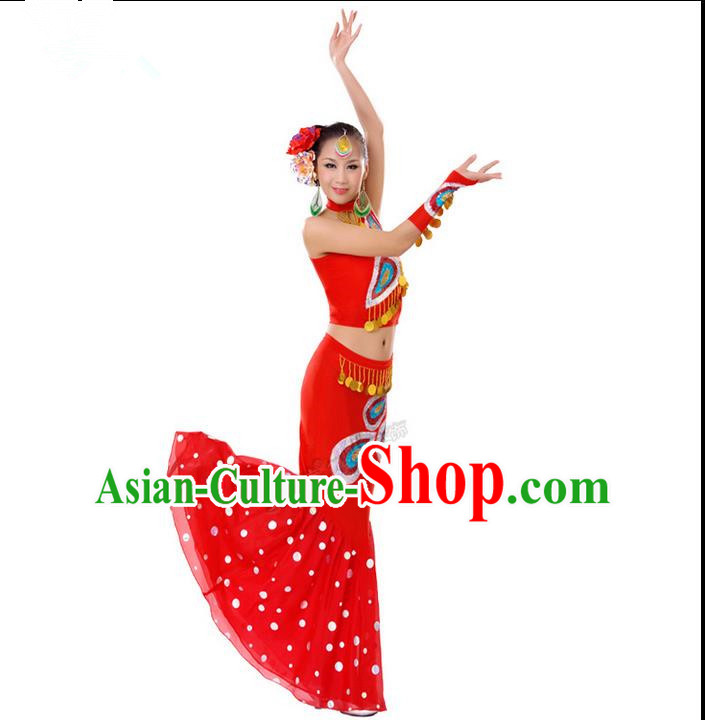 Traditional Chinese Dai nationality Peacock Dancing Costume, Folk Dance Ethnic Costume, Chinese Minority Nationality Dancing Costume for Women