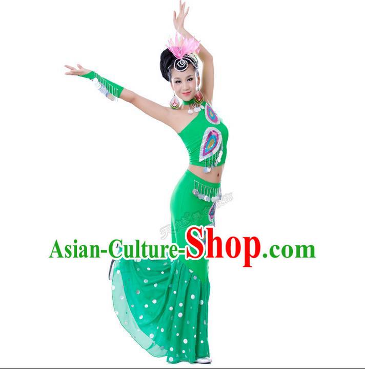 Traditional Chinese Dai nationality Peacock Dancing Costume, Folk Dance Ethnic Costume, Chinese Minority Nationality Dancing Costume for Women