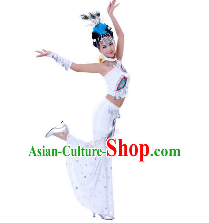 Traditional Chinese Dai nationality Peacock Dancing Costume, Folk Dance Ethnic Costume, Chinese Minority Nationality Dancing Costume for Women