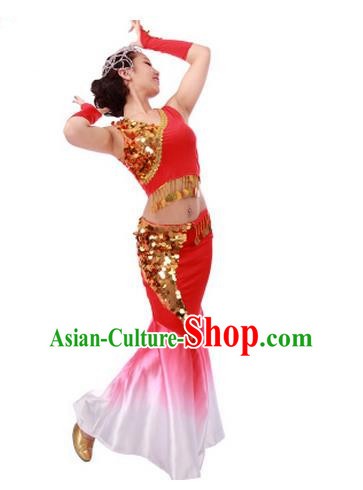 Traditional Chinese Dai nationality Peacock Dancing Costume, Folk Dance Ethnic Fish Tail Costume, Chinese Minority Nationality Dancing Costume for Women