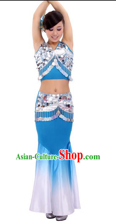 Traditional Chinese Dai nationality Peacock Dancing Costume, Folk Dance Ethnic Fish Tail Costume, Chinese Minority Nationality Dancing Costume for Women