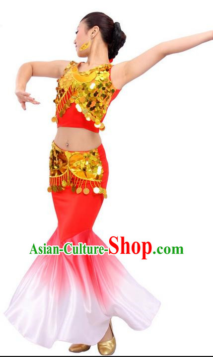 Traditional Chinese Dai nationality Peacock Dancing Costume, Folk Dance Ethnic Fish Tail Costume, Chinese Minority Nationality Dancing Costume for Women