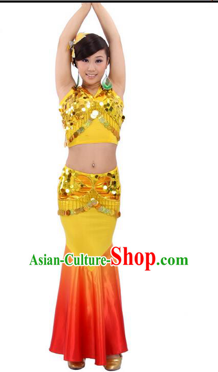 Traditional Chinese Dai nationality Peacock Dancing Costume, Folk Dance Ethnic Fish Tail Costume, Chinese Minority Nationality Dancing Costume for Women