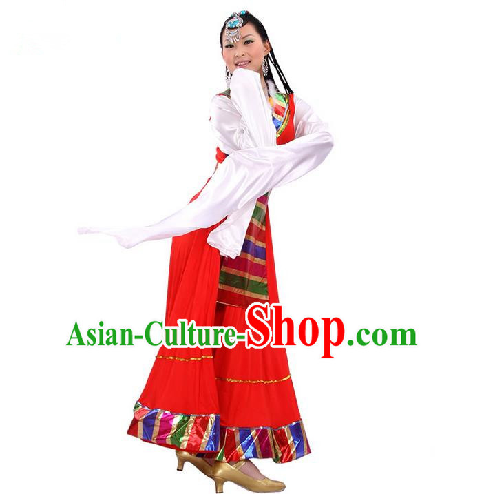 Traditional Chinese Zang Nationality Dancing Costume, Folk Dance Ethnic Costume, Chinese Minority Nationality Tibetan Dance Costume for Women