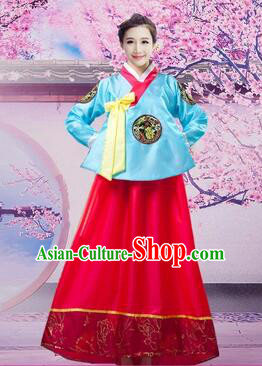 Korean Traditional Dress Women Girl Dancing Stage Ceremonial Dress Blue Top Red Skirt