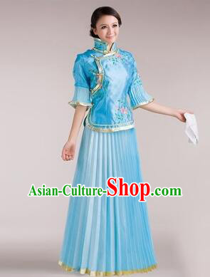 Min Guo Girl Dress Chinese Traditional Costume Stage Show Ceremonial Dress Blue