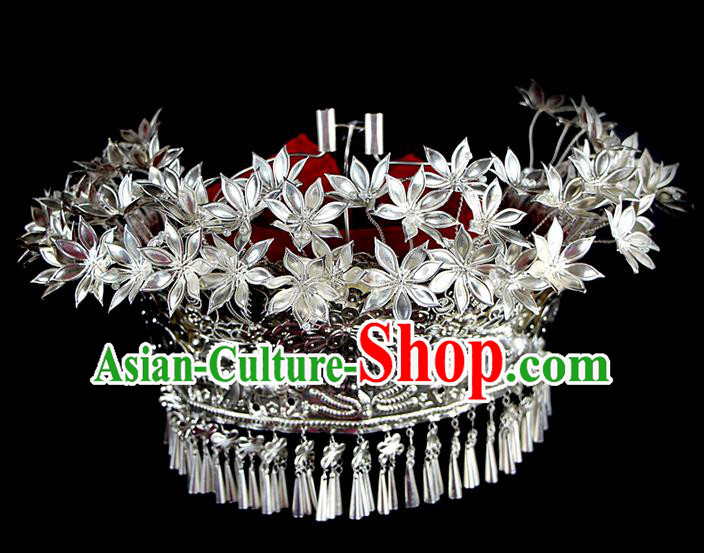 Chinese Traditional Miao Minority Hmong Folk Ethnic Hat, Miao Minority Sliver Crown Jewelry Accessories, Miao Headgear for Women