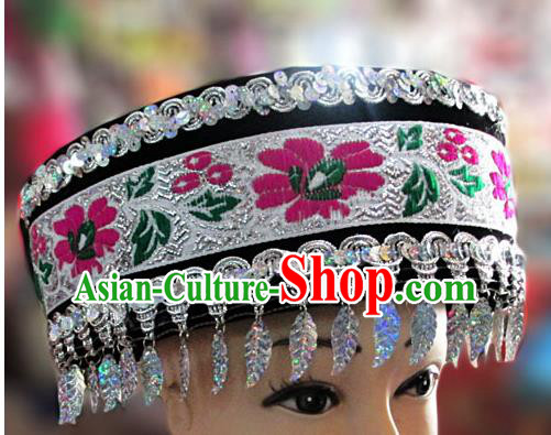 Chinese Traditional Miao Minority Hmong Folk Ethnic Hat, Tujia Minority Embroidery Hat for Women