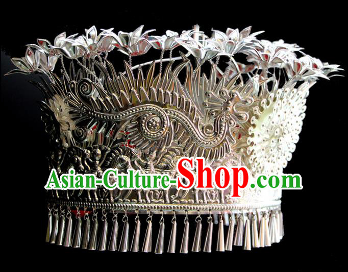 Chinese Traditional Miao Minority Hmong Folk Ethnic Hat, Miao Minority Sliver Crown Jewelry Accessories, Miao Headgear for Women