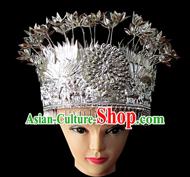 Chinese Traditional Miao Minority Hmong Folk Ethnic Hat, Miao Minority Sliver Crown Jewelry Accessories, Miao Headgear for Women