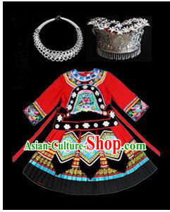 Traditional Chinese Miao Nationality Dancing Costume Accessories Set, Children Folk Dance Ethnic Cloth and Headwear, Chinese Tujia Minority Nationality Dancing Costume and Hat for Kids