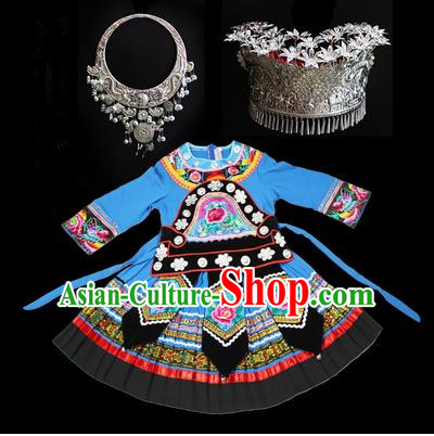 Traditional Chinese Miao Nationality Dancing Costume Accessories Set, Children Folk Dance Ethnic Cloth and Headwear, Chinese Tujia Minority Nationality Costume and Hat for Kids