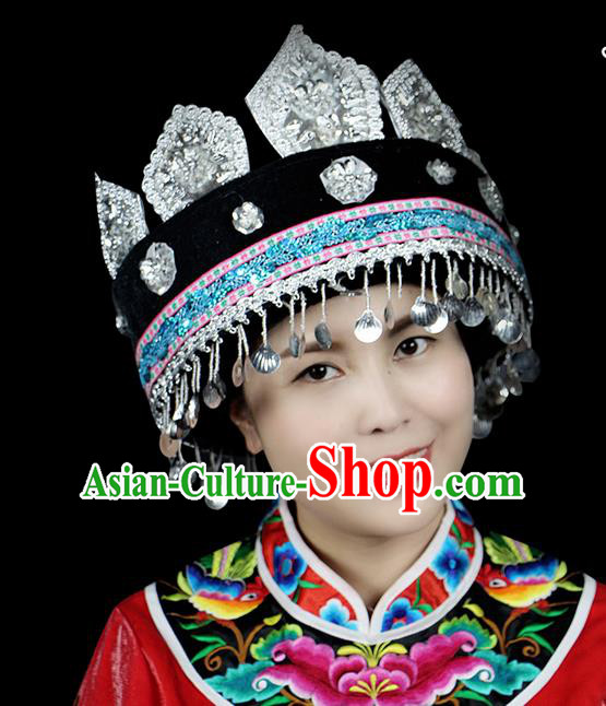 Chinese Traditional Miao Minority Hmong Folk Ethnic Hat, Tujia Ethnic Embroidery Bells Hat for Women