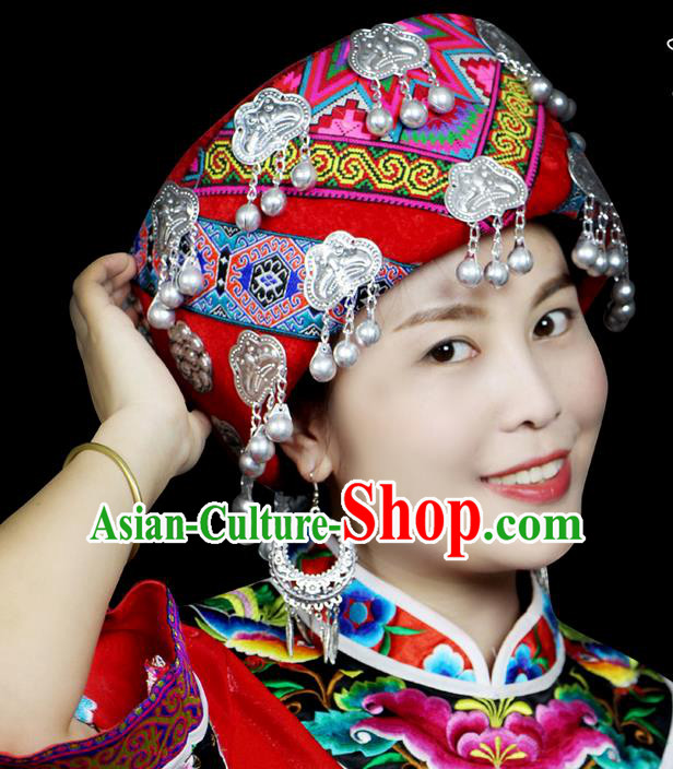 Chinese Traditional Miao Minority Hmong Folk Ethnic Hat, Tujia Ethnic Embroidery Bells Hat for Women