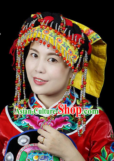 Chinese Traditional Miao Minority Hmong Folk Ethnic Hat, Tujia Ethnic Embroidery Bells Hat for Women