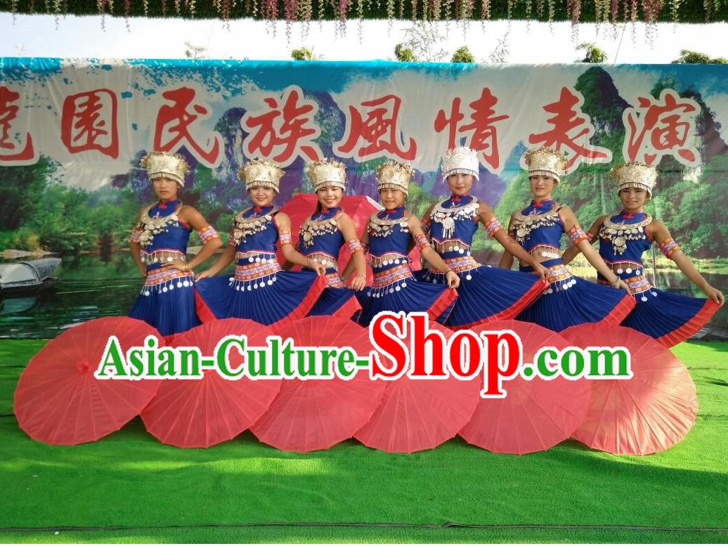 Traditional Chinese Miao Nationality Dancing Costume Accessories Necklace, Female Folk Dance Ethnic Pleated Skirt and Headwear, Chinese Minority Nationality Embroidery Costume and Hat for Women