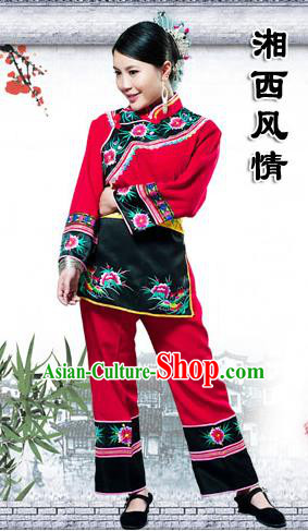 Traditional Chinese Miao Nationality Dancing Costume, Hmong Female Folk Dance Ethnic Pleated Skirt, Chinese Tujia Minority Nationality Embroidery Costume for Women