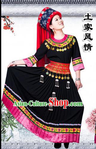 Traditional Chinese Tujia Nationality Dancing Costume Set, Hmong Female Folk Dance Ethnic Pleated Skirt and Hat, Chinese Tujia Minority Nationality Embroidery Costume for Women