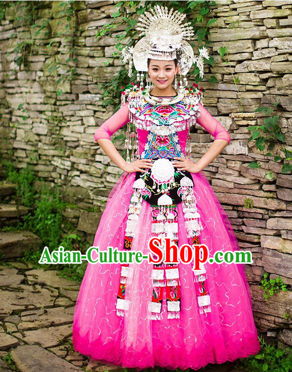 Traditional Chinese Miao Nationality Wedding Costume Accessories Crown, Necklace, Hmong Female Wedding Ethnic Pleated Dress and Phoenix Silver Headwear, Chinese Minority Nationality Embroidery Costume and Hat for Women