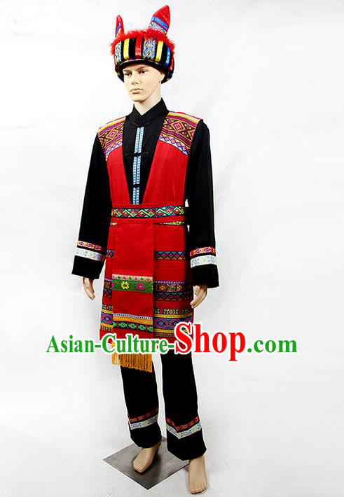 Traditional Chinese Miao Nationality Folk Dance Ethnic Wear, China Tujia Nationality Clothing and Hat, Ethnic Dresses Cultural Dances Costumes Complete Set for Men