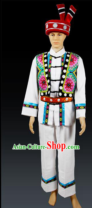 Traditional Chinese Miao Nationality Folk Dance Ethnic Wear, China Tujia Nationality Clothing and Hat, Ethnic Dresses Cultural Dances Costumes Complete Set for Men