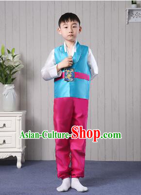 Korean Traditional Dress for Children Boy Clothes Kid Costumes Stage Show Dancing Blue Top Red Pants