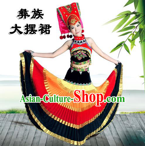 Traditional Chinese Yi Nationality Dancing Costume, Yi People Female Folk Dance Ethnic Pleated Skirt, Chinese Minority Nationality Embroidery Costume for Women