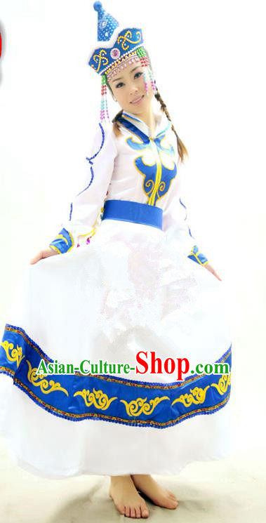 Traditional Chinese Evenki Nationality Dancing Costume, Ewenkezu Female Folk Dance Ethnic Pleated Skirt, Chinese Ewenke Minority Nationality Embroidery Costume for Women