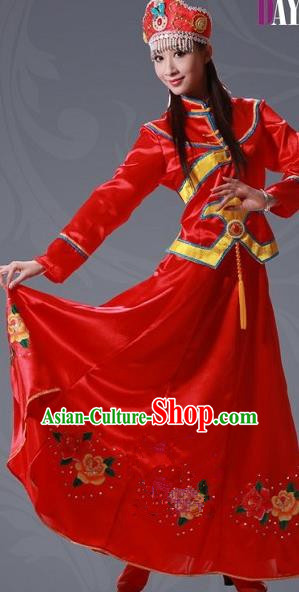 Traditional Chinese Xibe Nationality Dancing Costume, Xibezu Female Folk Dance Ethnic Pleated Skirt, Chinese Sibo Minority Nationality Embroidery Costume for Women