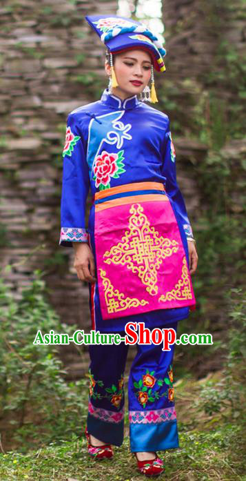 Traditional Chinese Qiang Nationality Dancing Costume, Qiangzu Female Folk Dance Ethnic Dress, Chinese Qiang Minority Nationality Embroidery Costume for Women